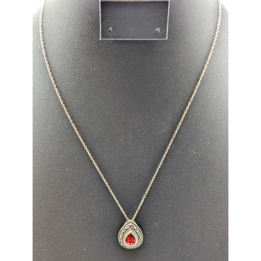 925 Sterling Bezel Set Red Faceted Crystal Teardrop Marcasite Surround Necklace