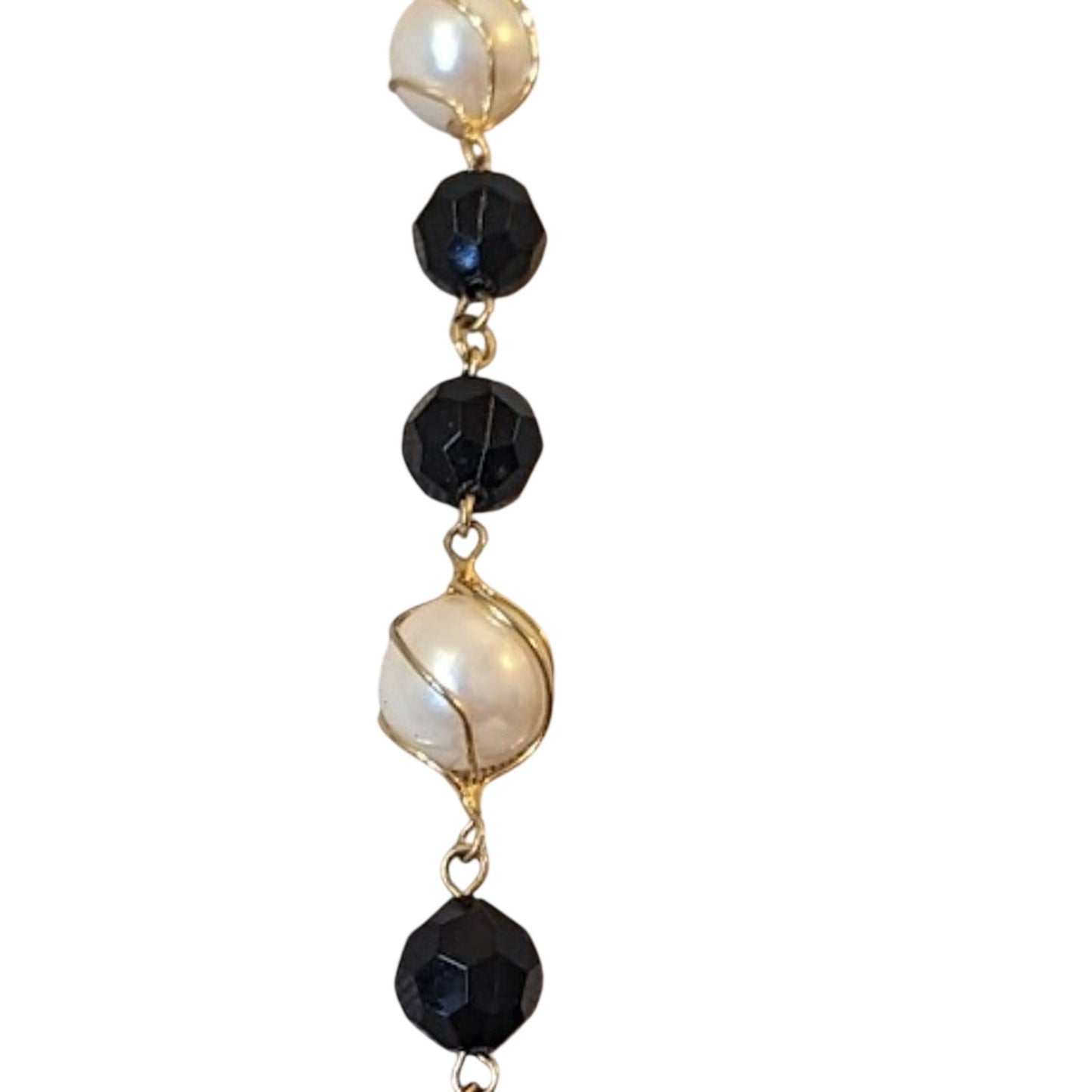 Trifari Gold Tone Black Faceted Beads with Caged Faux Pearl Necklace