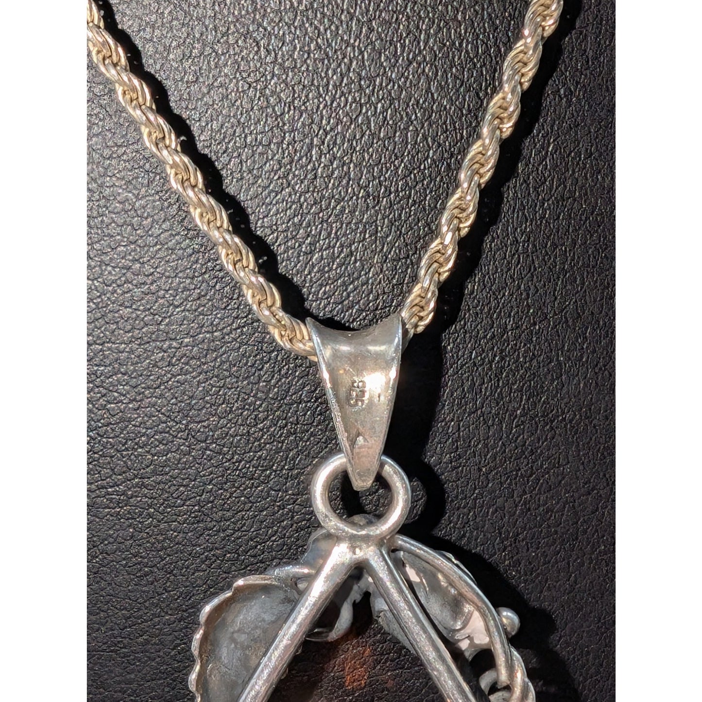 Vintage Large Baltic Amber Sterling Silver Rose Leaf Design Pendant Necklace
