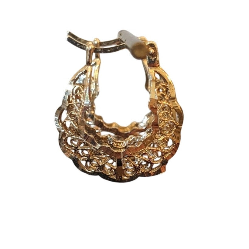 925 Sterling Silver Gold Vermeil Filigree Hoop Latch Down Pierced Earrings