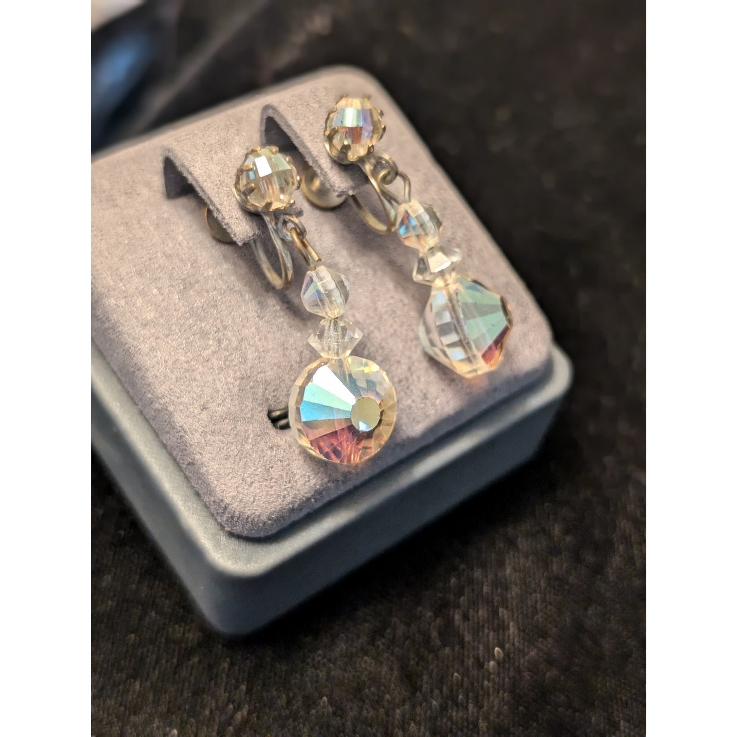 Unique Vintage Aurora Borealis AB Crystal Dangle Screw Back Earrings