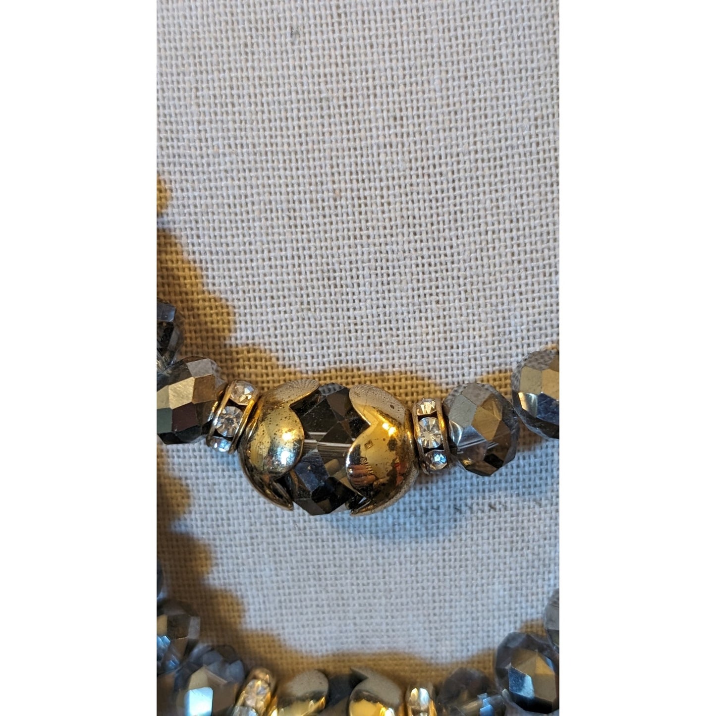Smoky Gray, Metallic Crystal Bead, Gold Tone Rondelles, Scalloped Cap Necklace