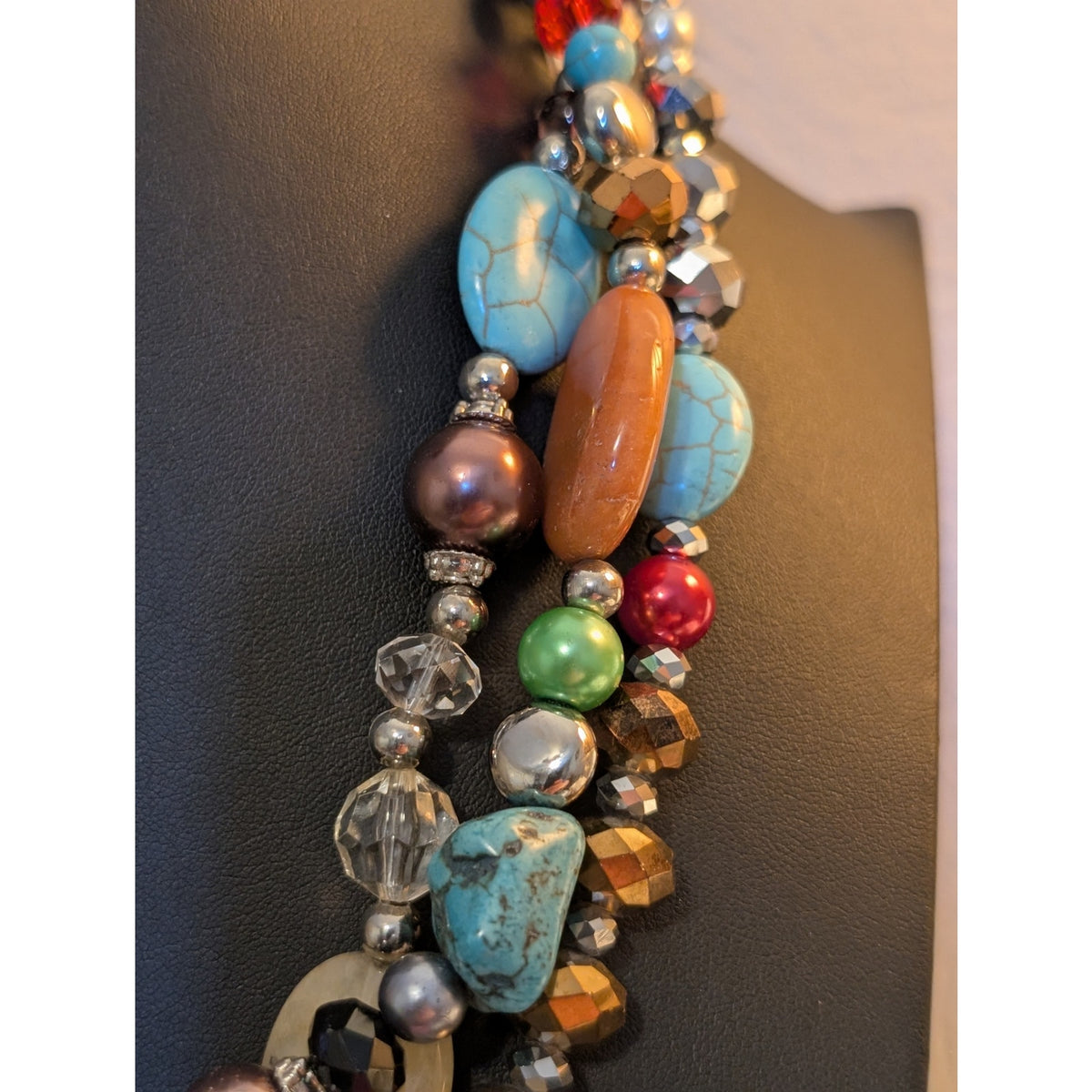Southwest Layer Triple Strand Stone Crystal Bead Jeweled 20"-22.5" Necklace