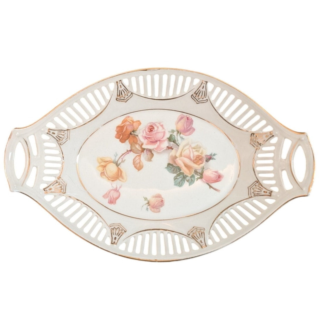 Vintage German Porcelain Pierced Lattice Rose Floral Bread Serving Bowl