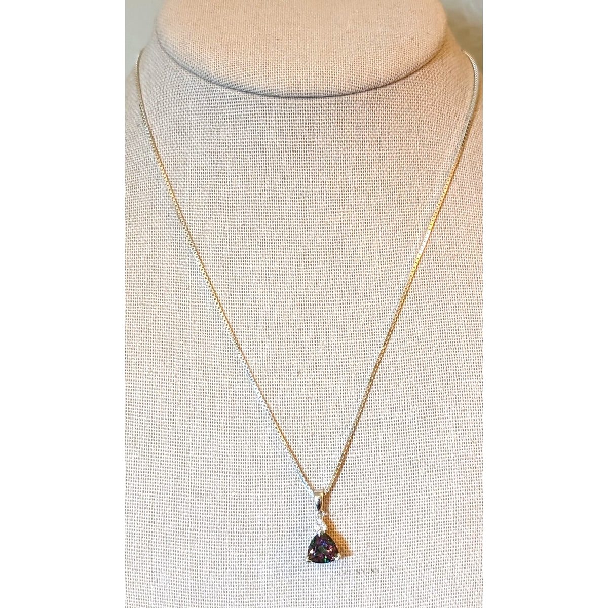925 Sterling Trillian Cut  Mystic Topaz W/ 3 CZ Pendant Box Chain 18" Necklace