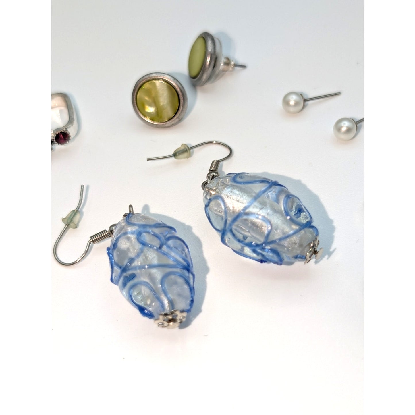 Lot of Nine Pair of Silver Tone Dangle, Post, Hoop Earrings