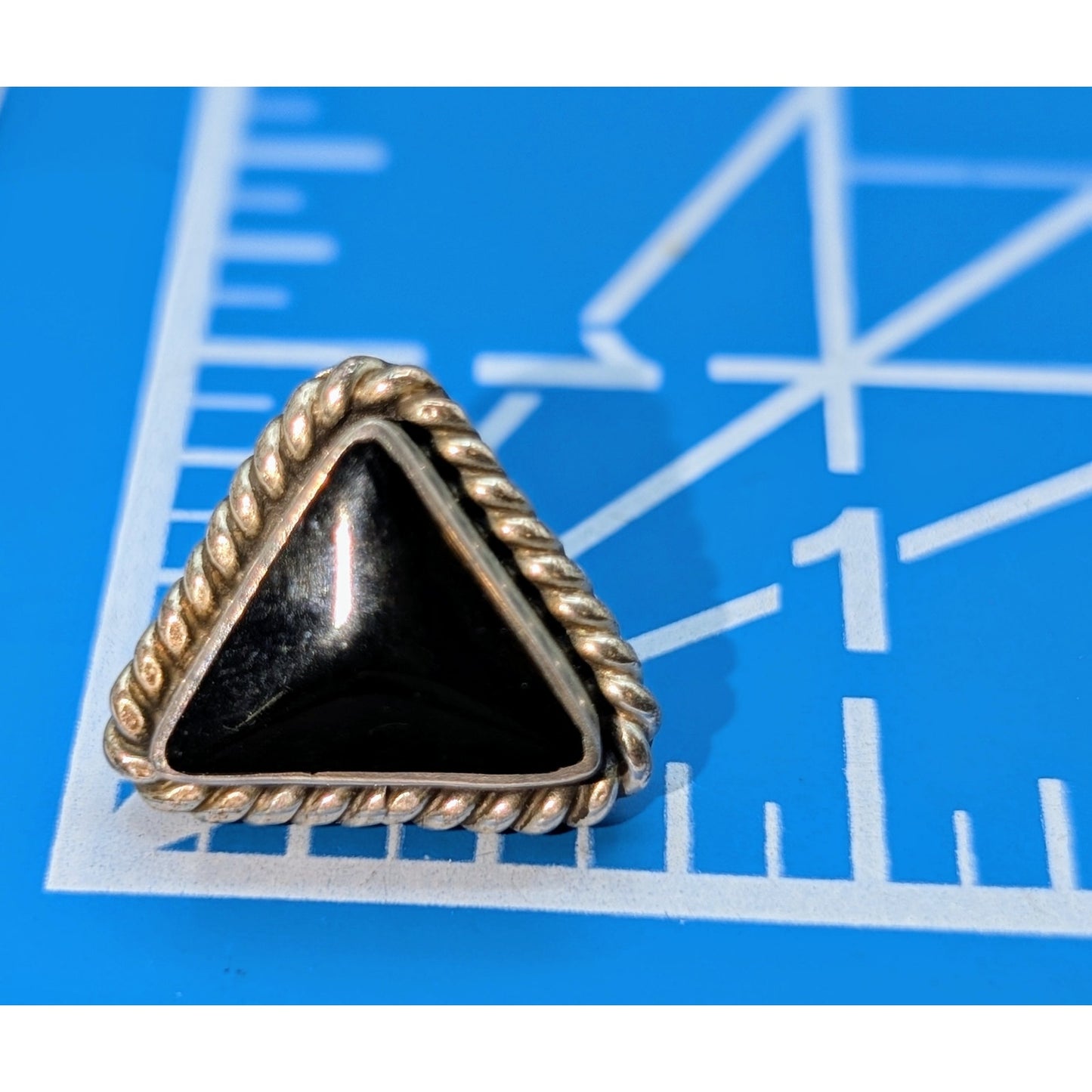 Vintage Taxco Mexico Sterling Silver Rope Design Black Stone Triangle Earrings
