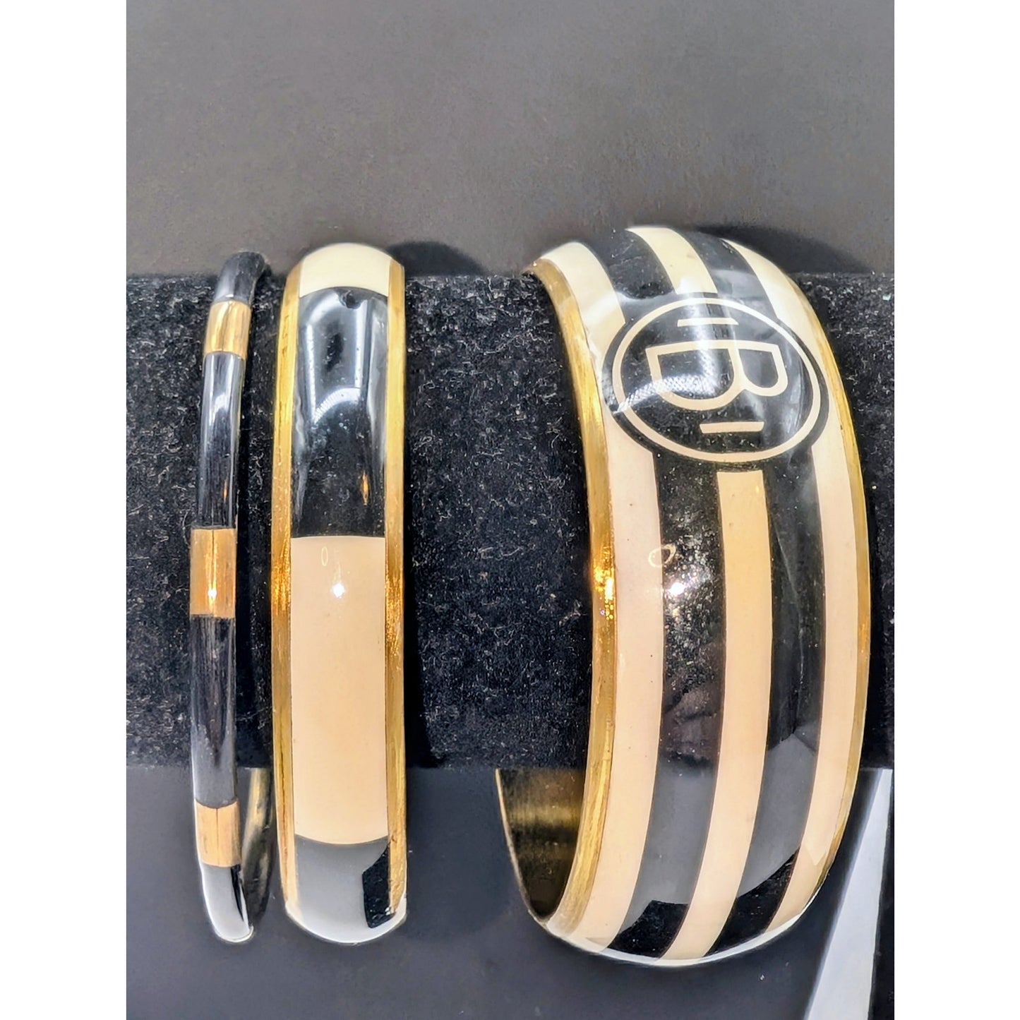 Set of Vintage Monogram 'B' Striped Black Cream Enamel Brass Bangle Bracelets