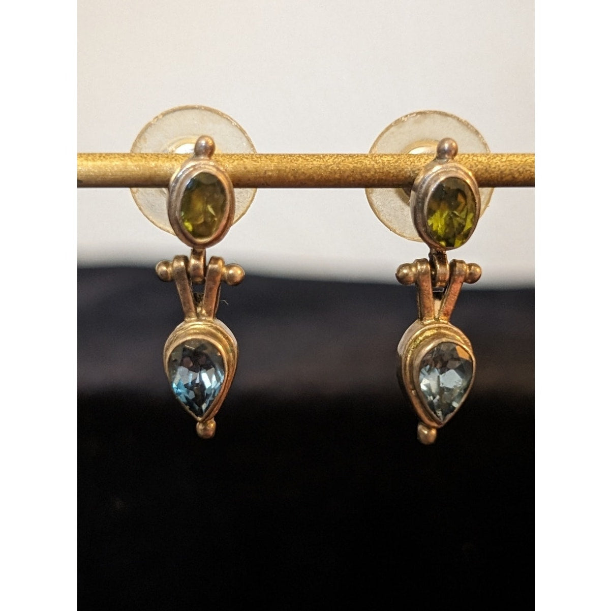 Vintage 1990s 925 Sterling Peridot & Blue Topaz Hinged Dangle Post Earrings