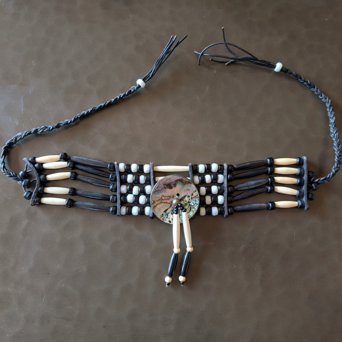 Native American Abalone Disc 5 Strand Bone Hairpipe & Glass Bead Leather Choker