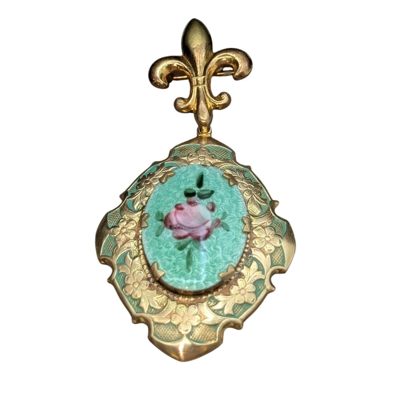 Vtg 1930s Guilloche Enamel Work Rose Design Fleur de Lis Locket Hanging Brooch
