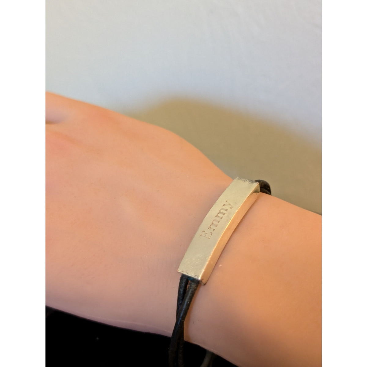 Silver Tone Leather Cord Engraved 'Emmy' Bracelet