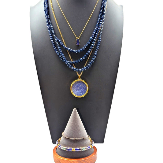Blue Theme Jewelry Lot of Three Necklaces & Two Bracelets