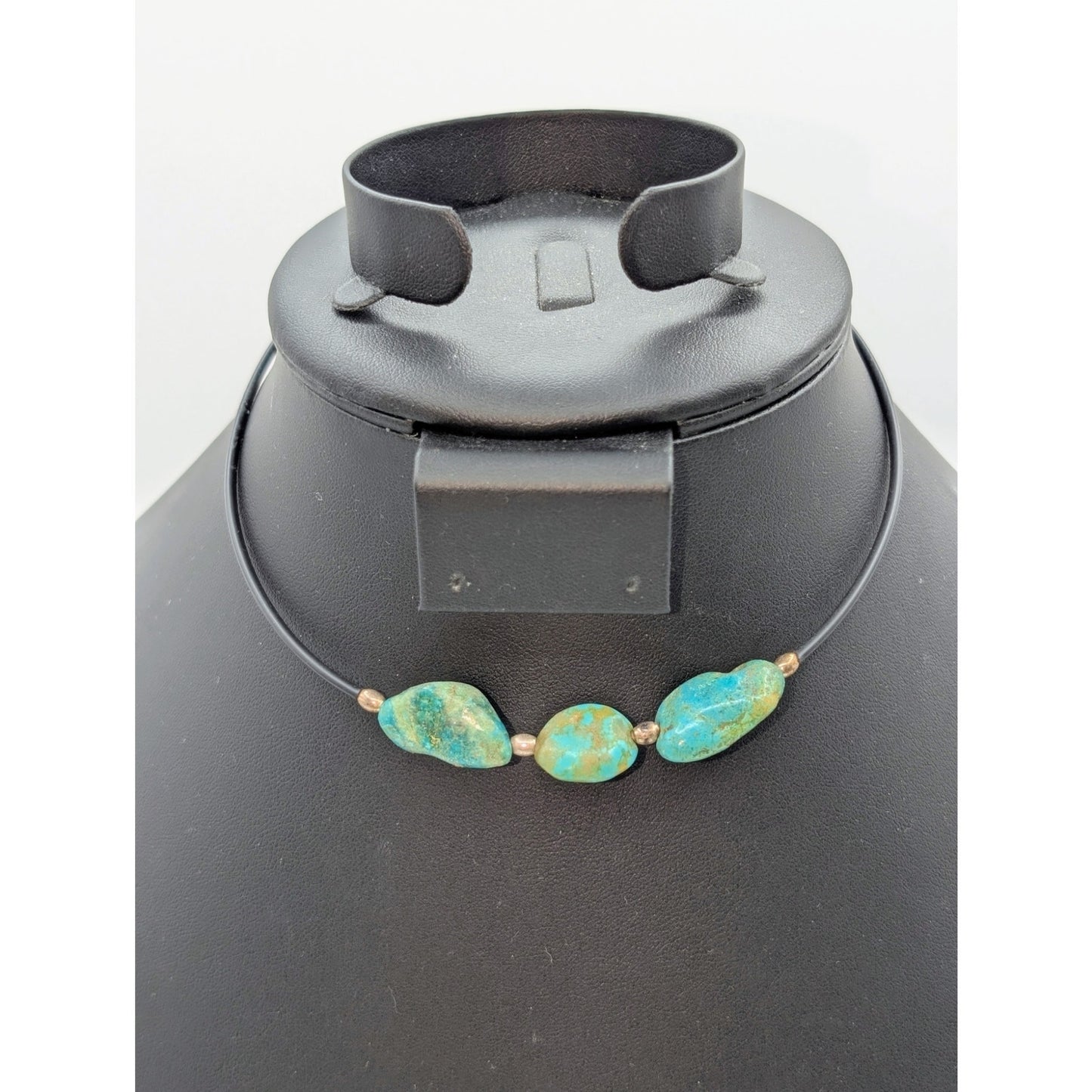 Vtg 70s Boho Blue Stone 925 Sterling Bead Black Cord Adjustable Choker Necklace