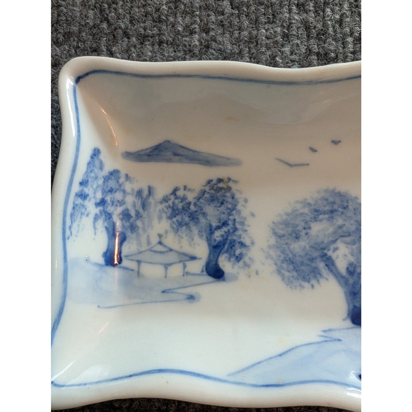 Antique Blue White Scalloped Edge Oblong Misty Landscape Painted Dish