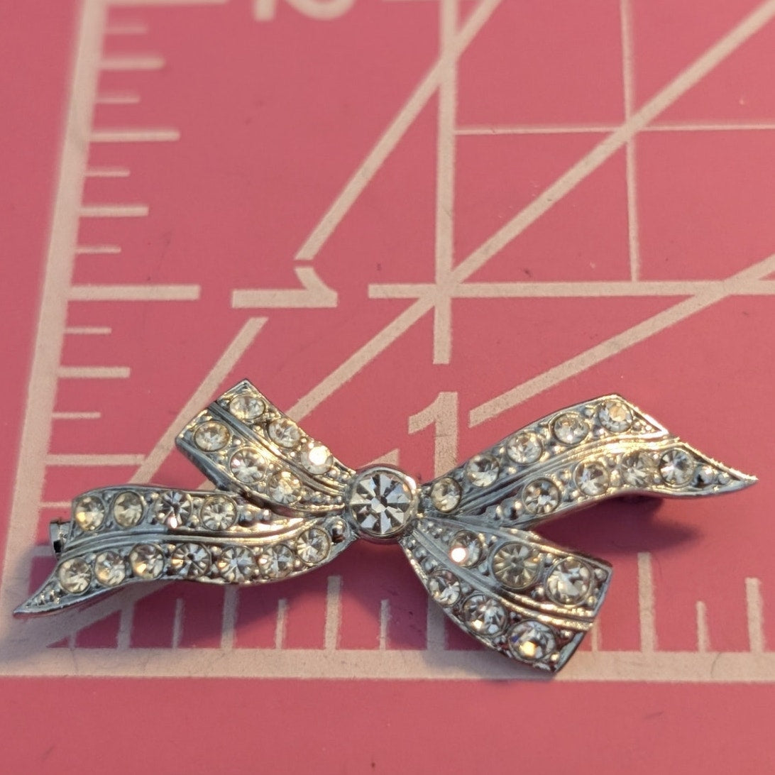 Vintage Silver Tone Rhinestone Bow Brooch