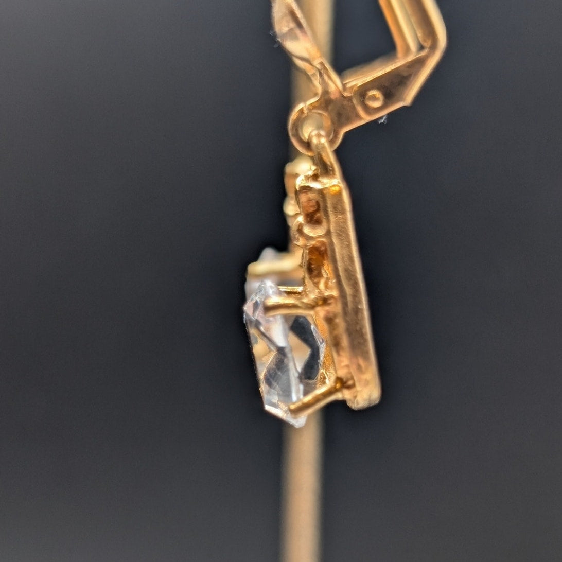 VTG Gold Tone 1-3/8" Dangle Lever Back Large Oval Crystal Earrings