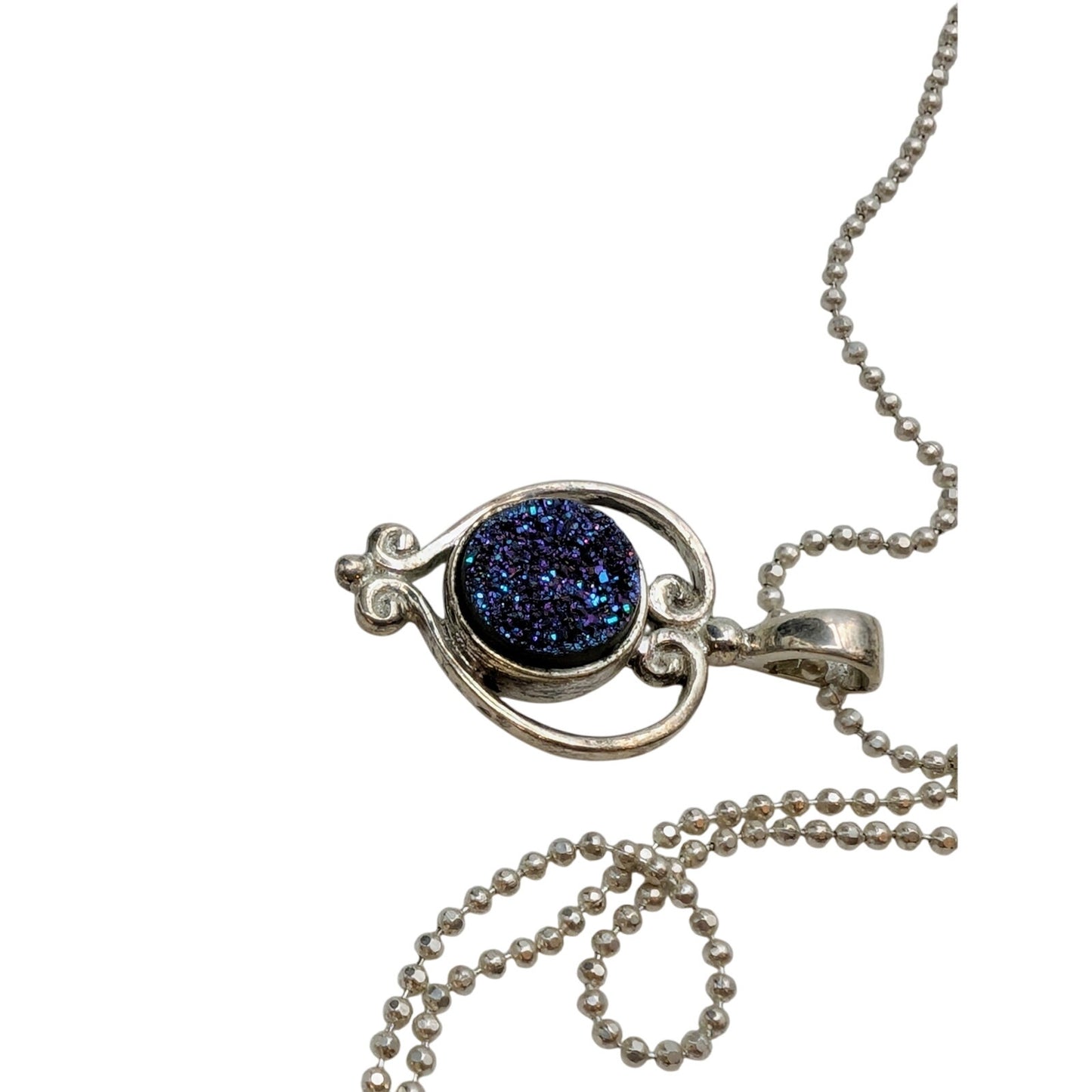 Signed Sajen 925 Sterling Blue Purple Druzy Pendant Bead Ball Chain 18" Necklace