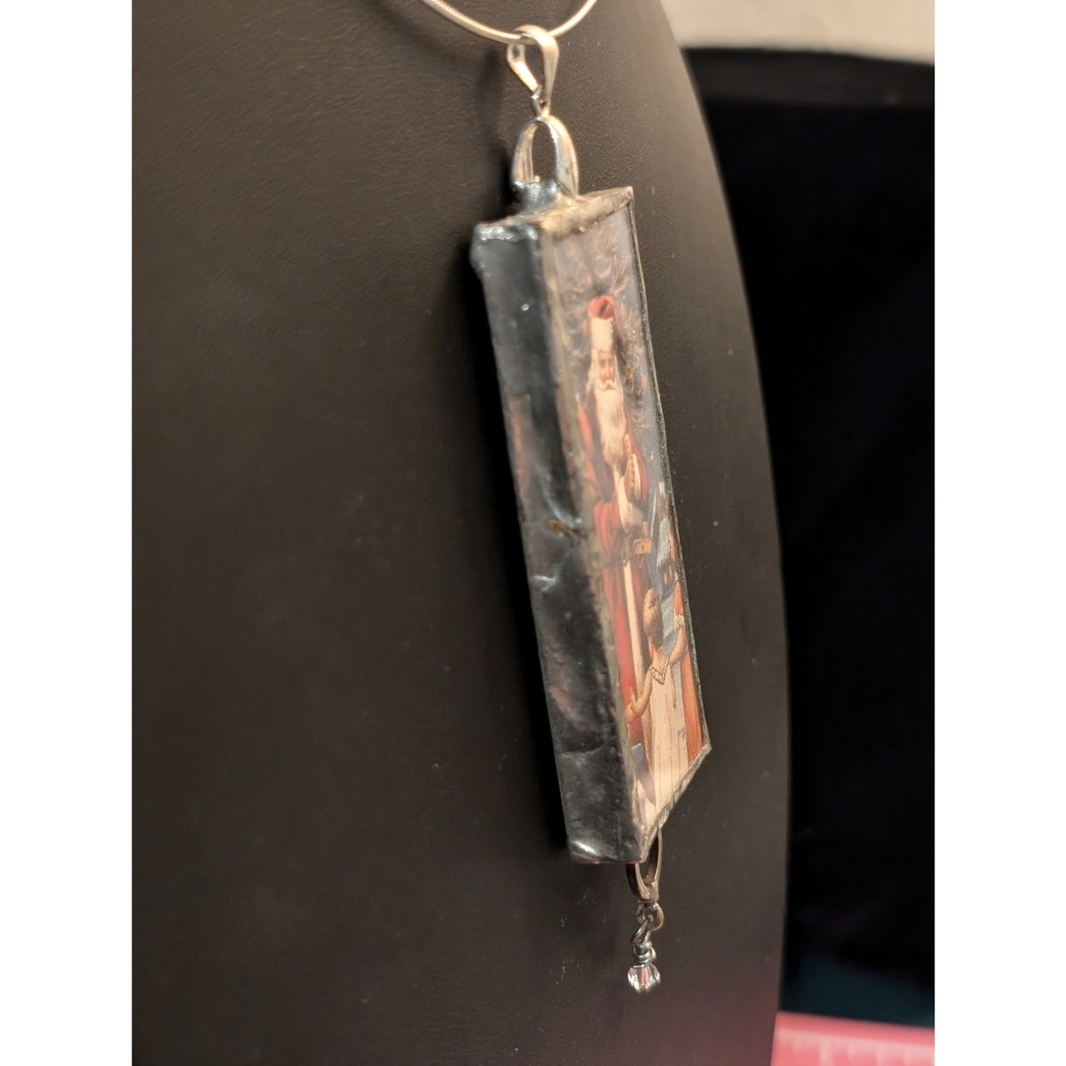 Vtg Christmas c1910 Postcard Jack O Lantern Two-Sided Soldered Pendant Necklace