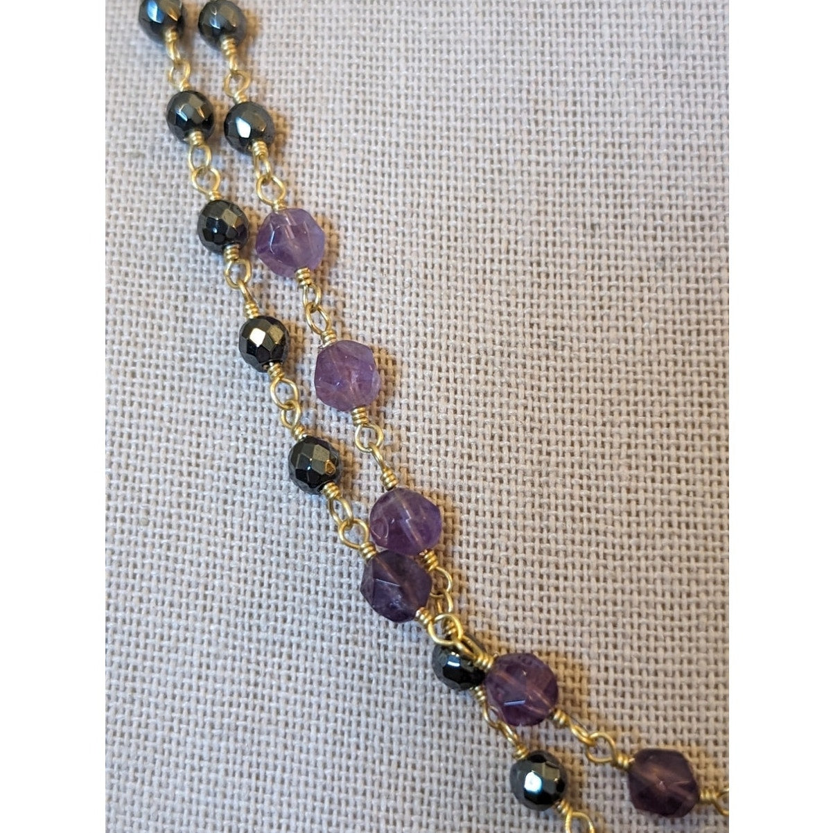 Amethyst Black Spinel Gemstone Rosary Style Beaded 38" Necklace