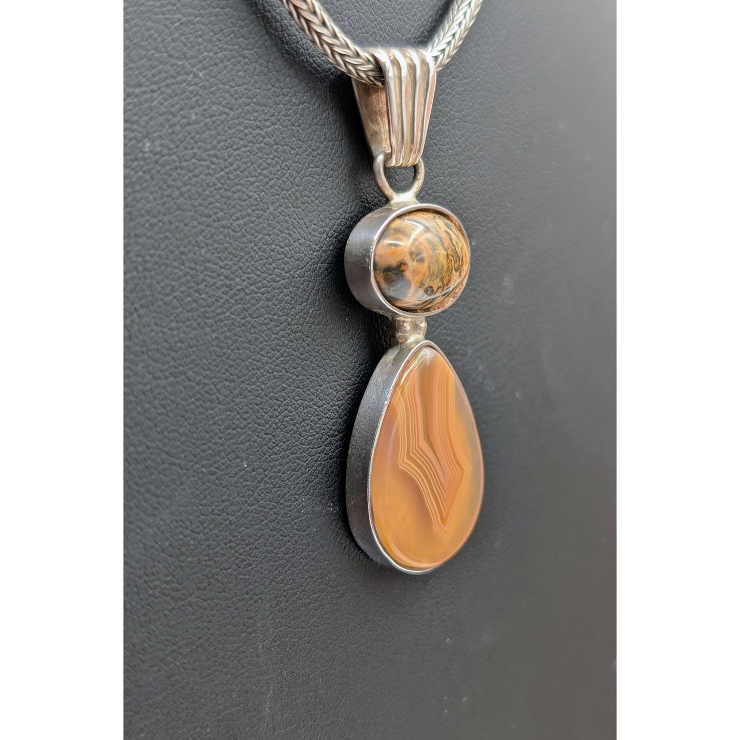 Vtg 'EG' 925 Sterling Orange Jasper Agate Stone Foxtail Chain Hook 18" Necklace