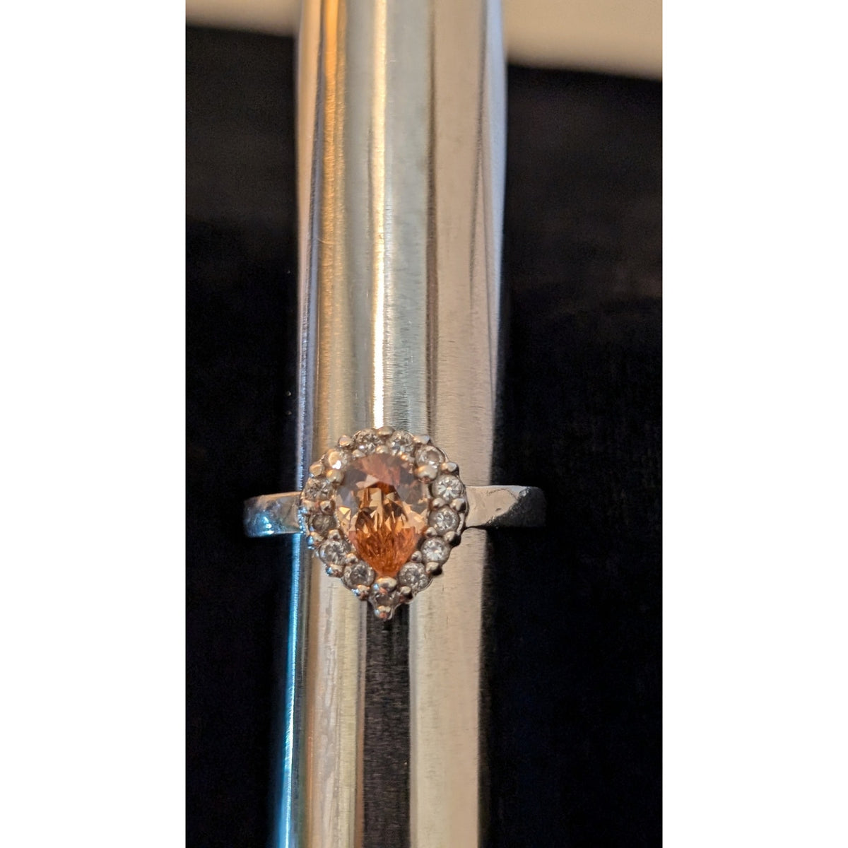 Orange Teardrop Crystal CZ Surround 925 Sterling Ring Size 7.75