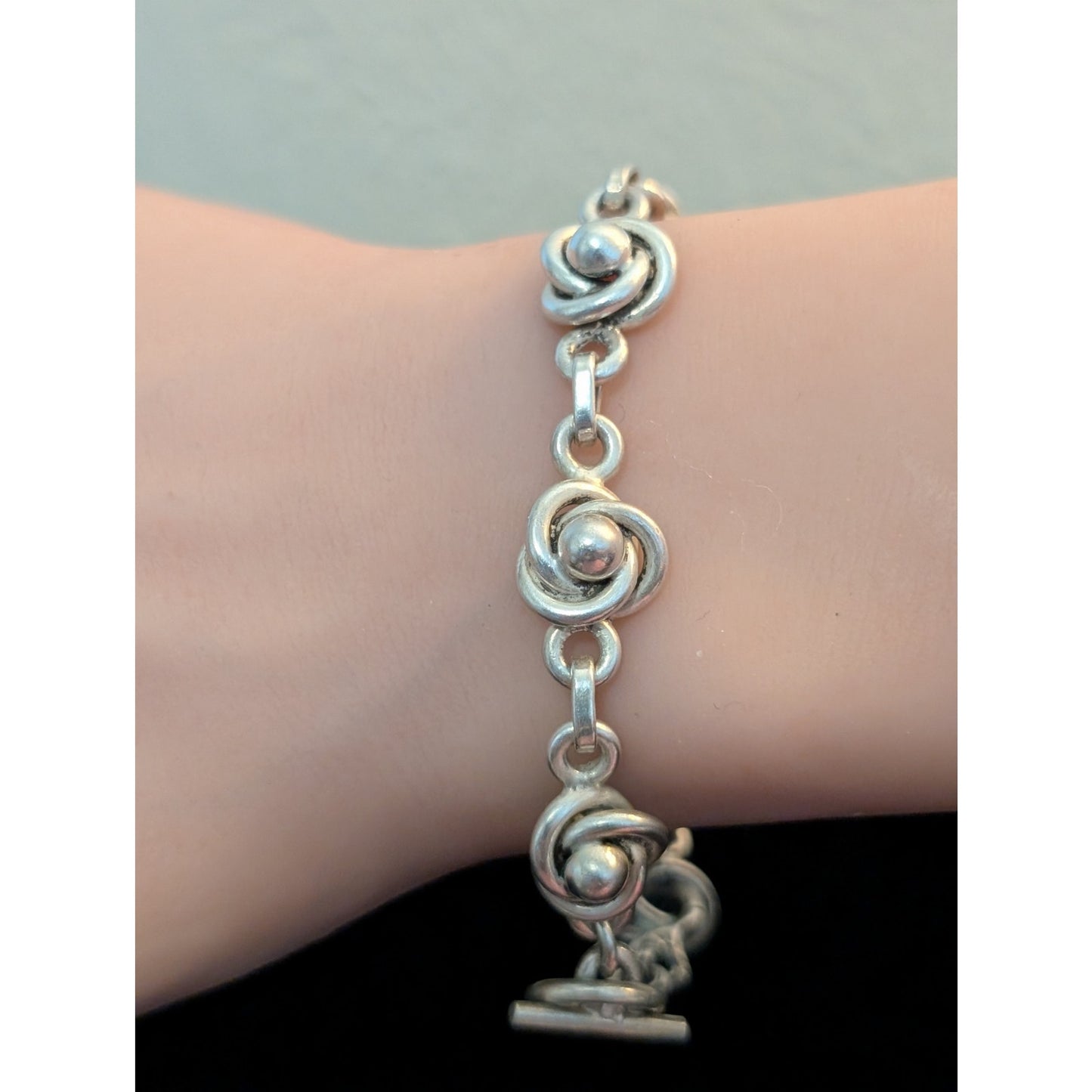 Vintage Stamped Mexico 925 Sterling Silver Love Knot Toggle Clasp Bracelet