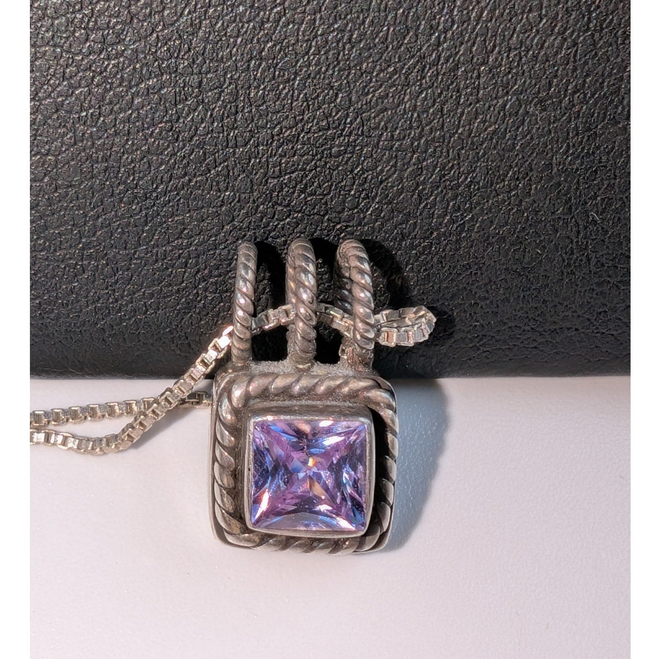 VTG Lori Bonn 925 Sterling Silver Purple Stone Pendant Box Chain 16" Necklace