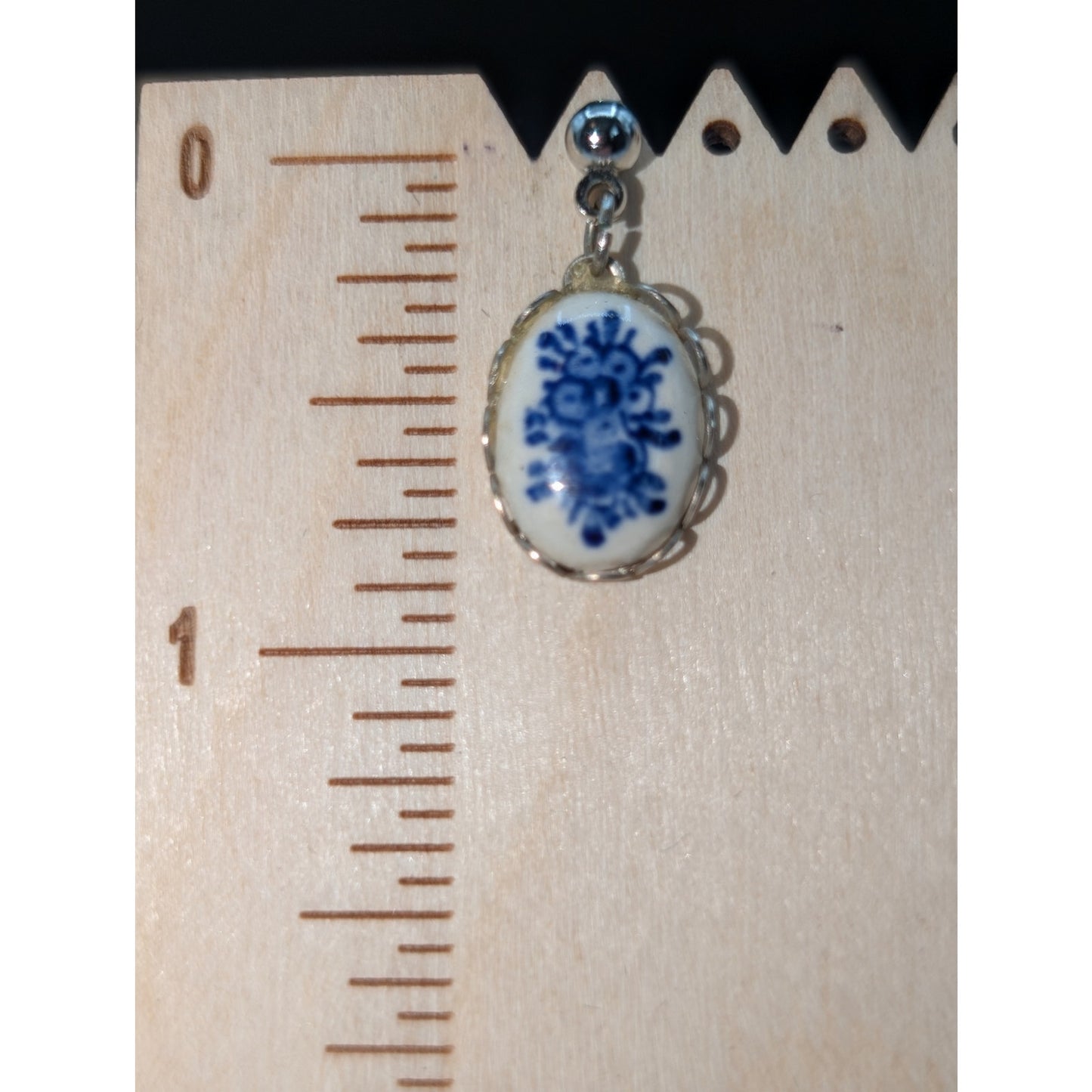 Vintage Delft Blue Floral Ceramic Dangle Silver Tone Earrings