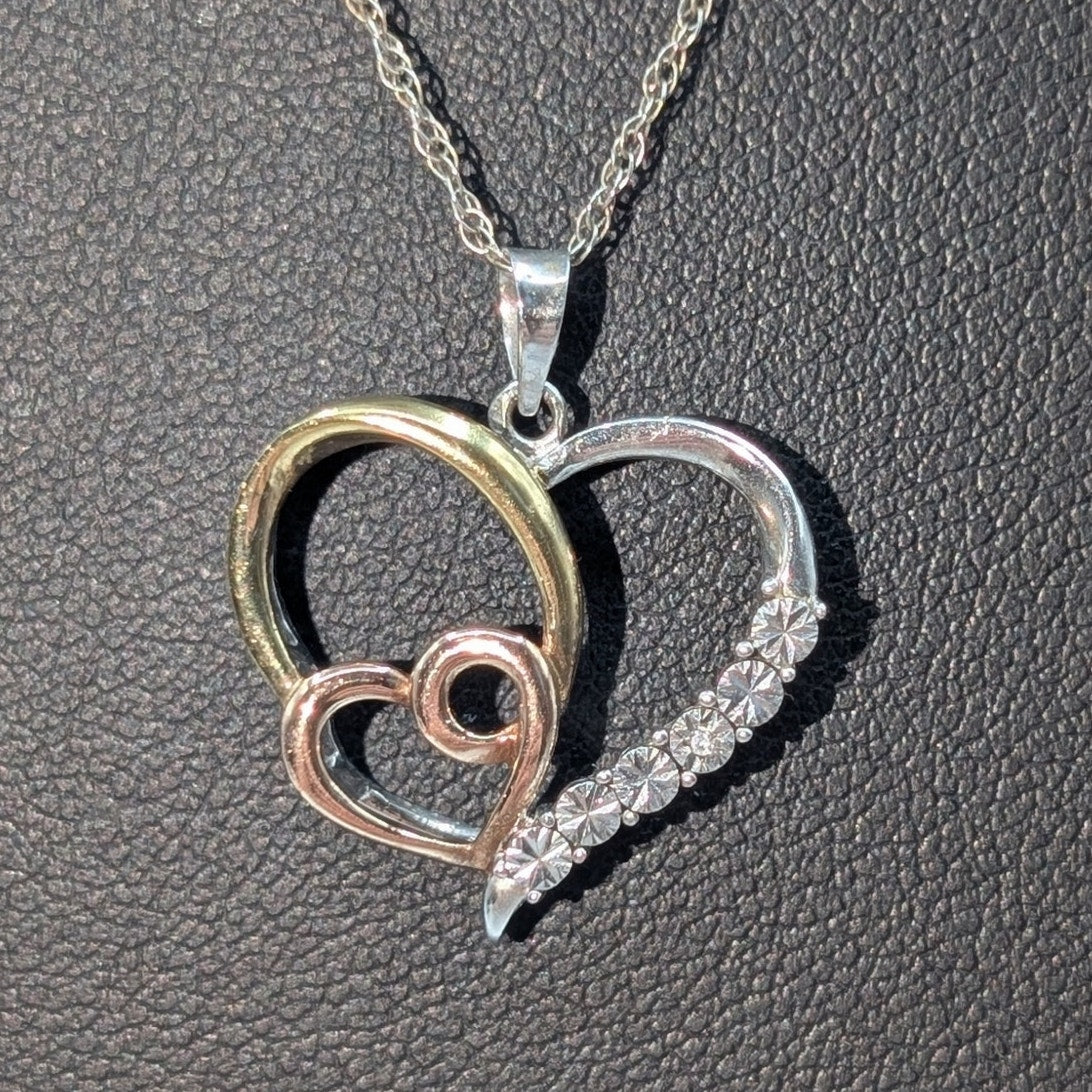 AU 925 Sterling Tri-Color Diamond Heart 'Love' Pendant 19" Chain Necklace