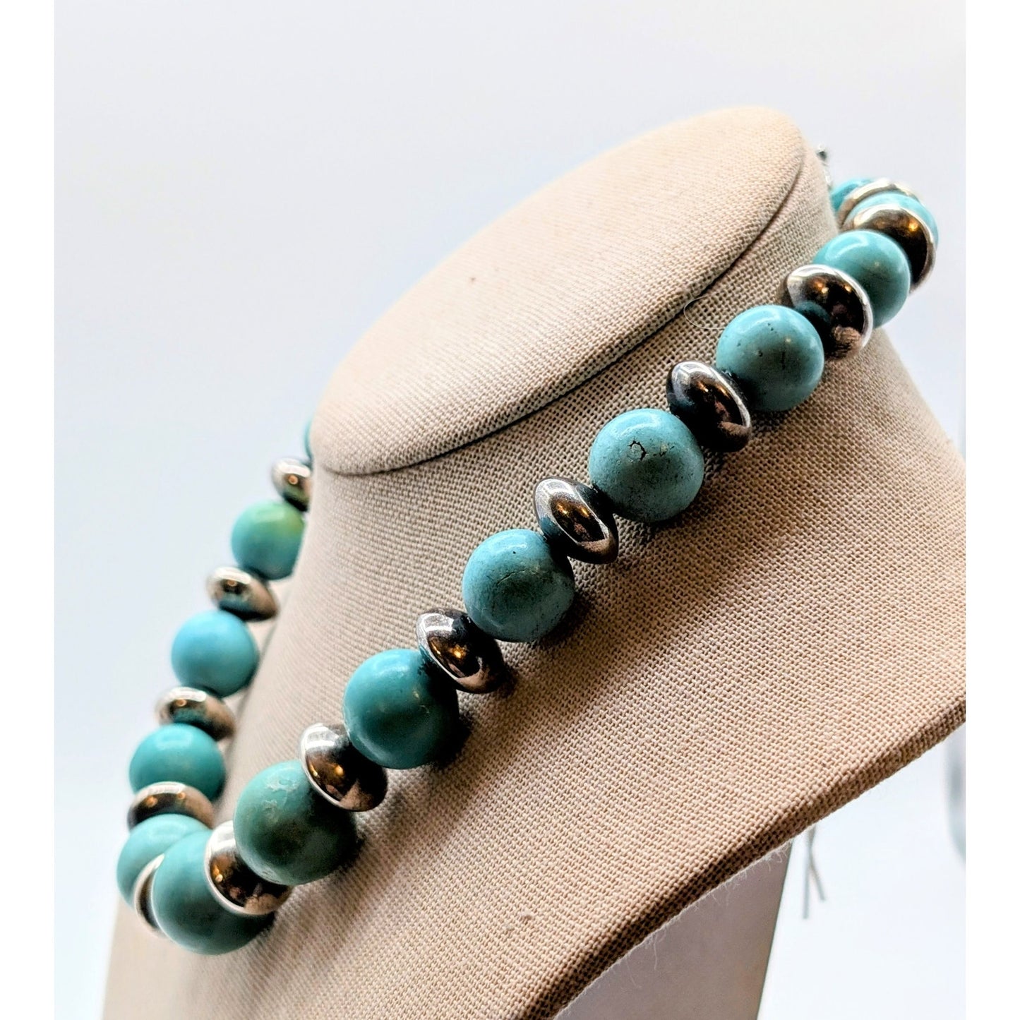 VTG 925 Sterling Silver Chunky Beaded Natural Stone Toggle Clasp Necklace 91.84g