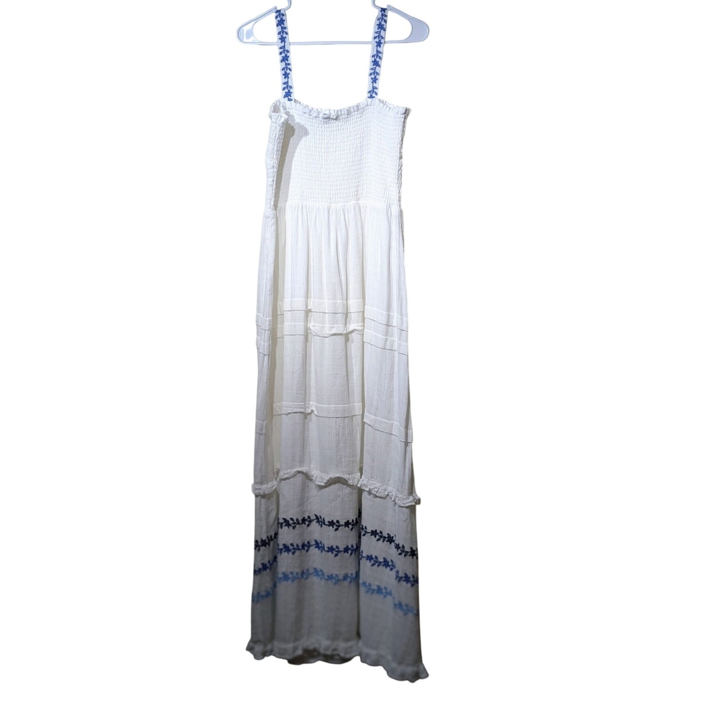 Draper James RSVP White Blue Embroidered Smocked Bodice Tiered Maxi Dress Sz XL