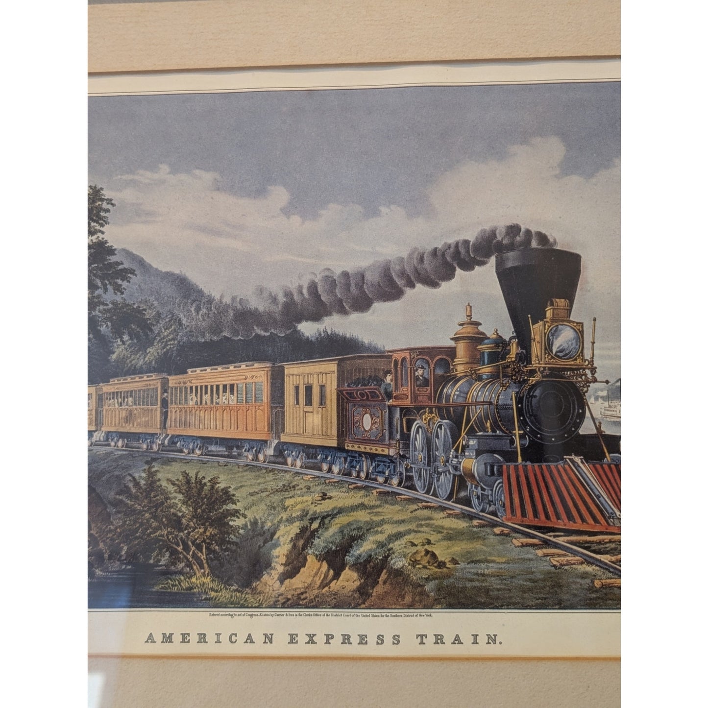 VTG 1884 Framed Currier & Ives Litho Print 'American Express Train' Under Glass