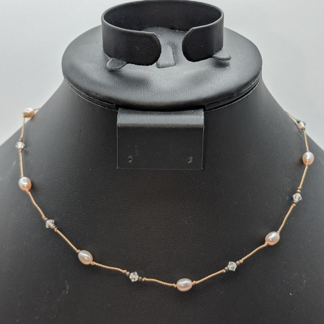 VTG 925 Sterling Silver Pale Pink Pearl Crystal on Cord Toggle 17.5" Necklace