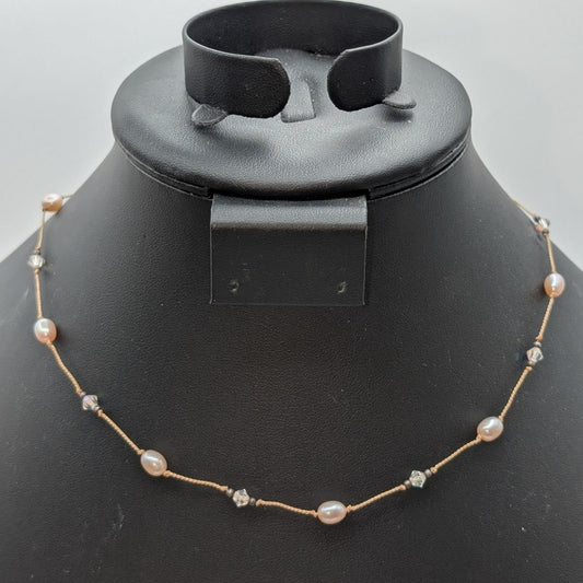 VTG 925 Sterling Silver Pale Pink Pearl Crystal on Cord Toggle 17.5" Necklace