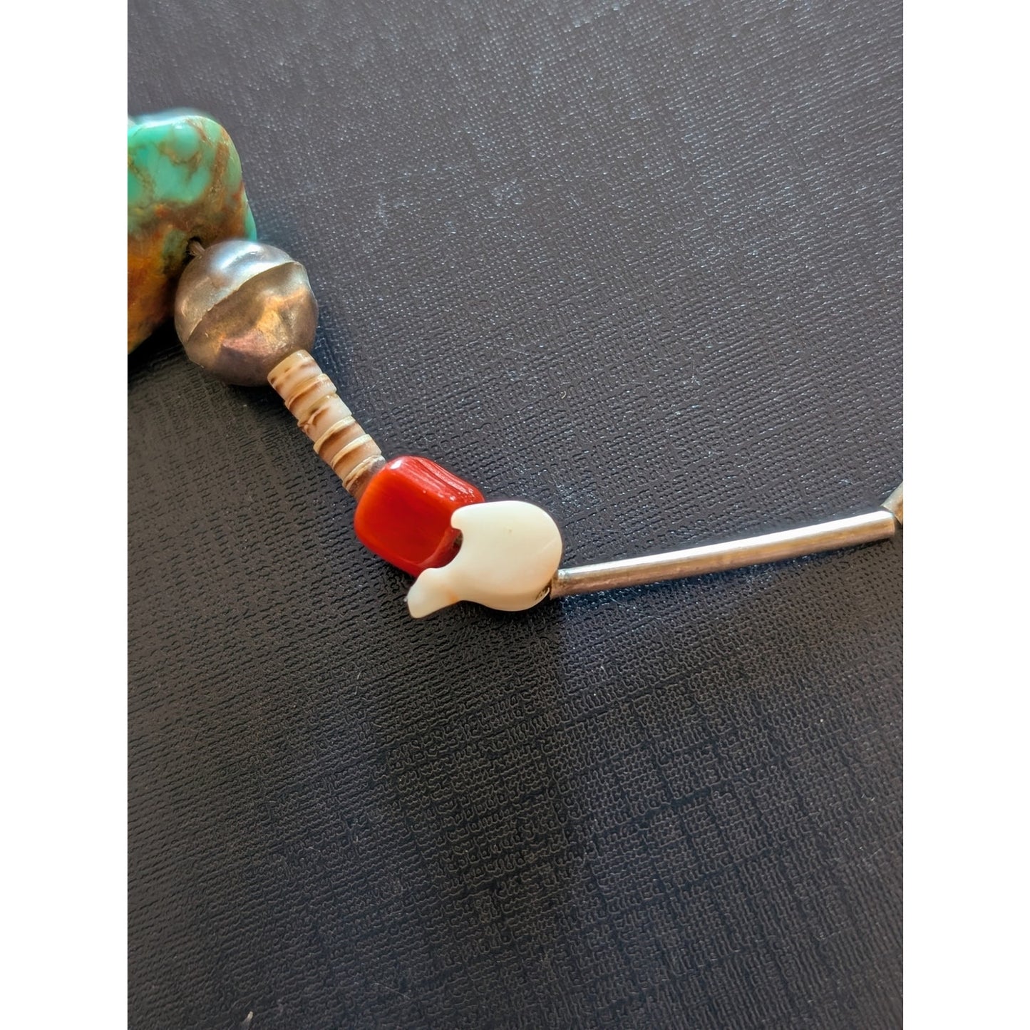 Vtg Liquid Sterling Turquoise Coral Carved Bird Heishi Bead Choker Necklace