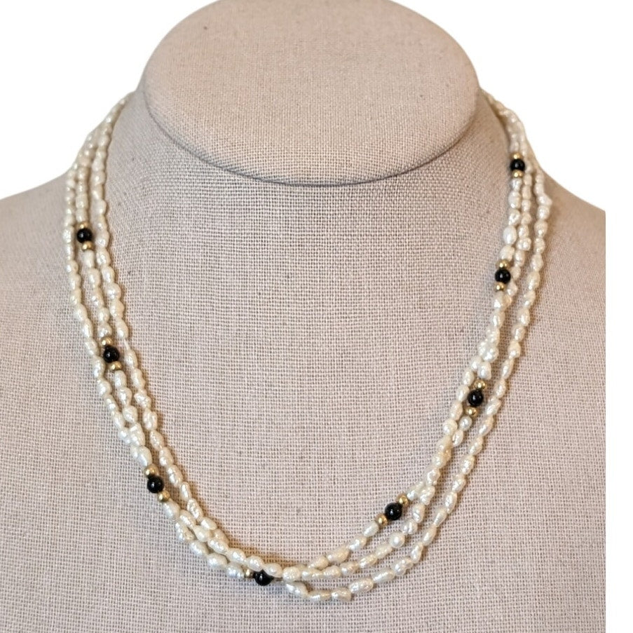Needs Restrung 14k Yellow Gold Pearl & Onyx Bead Three Strand 17" Necklace
