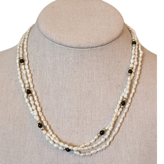 Needs Restrung 14k Yellow Gold Pearl & Onyx Bead Three Strand 17" Necklace