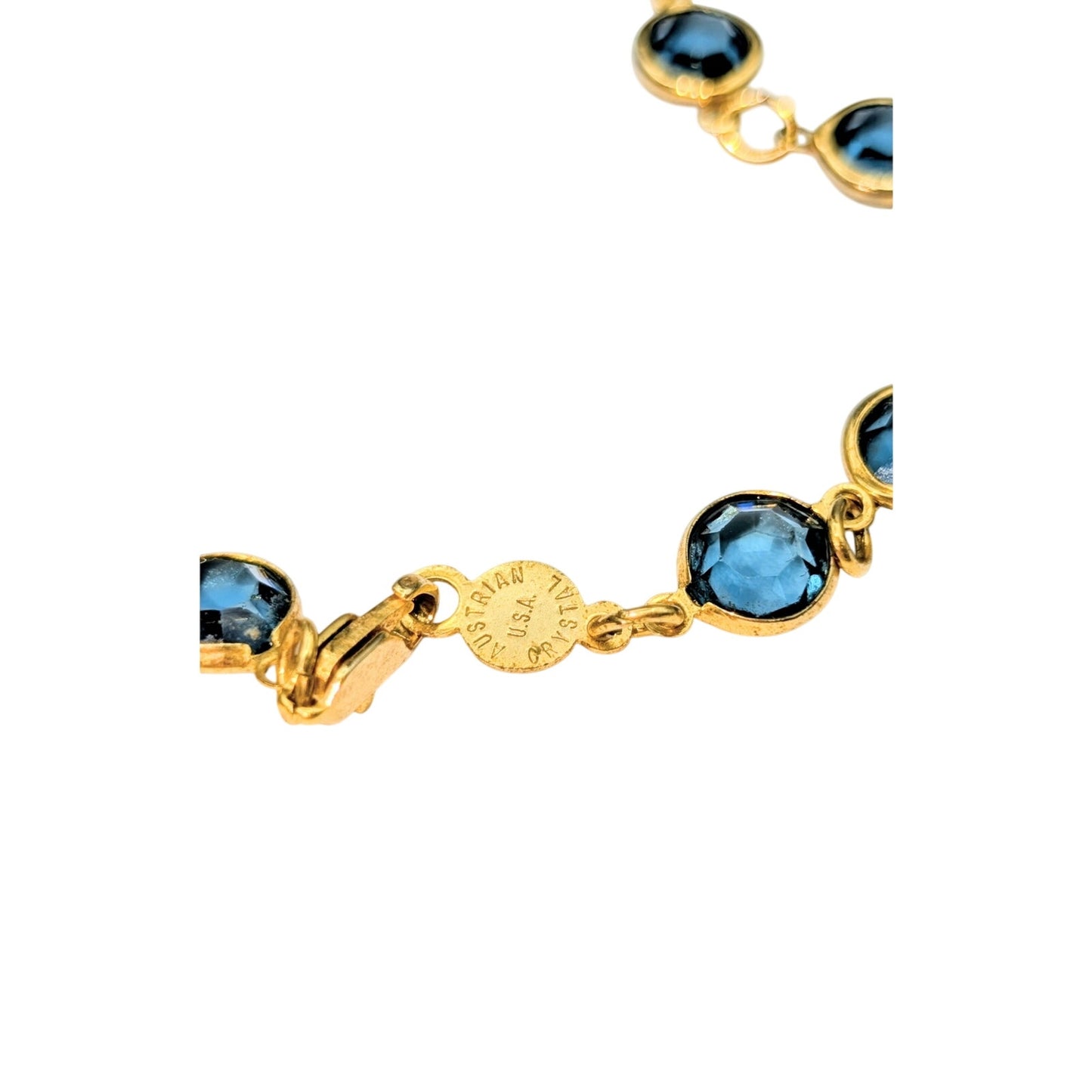 Vintage Austrian Crystal USA Gold Tone Bezel Set Blue Crystal Chain 36" Necklace
