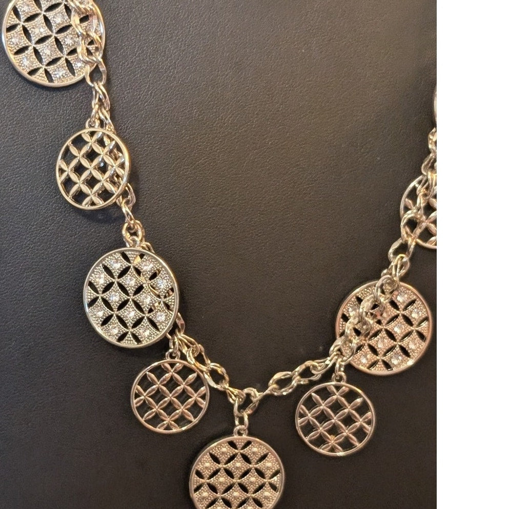 Charter Club Silver Tone Rhinestone Disk Charm Necklace & Matching Bracelet