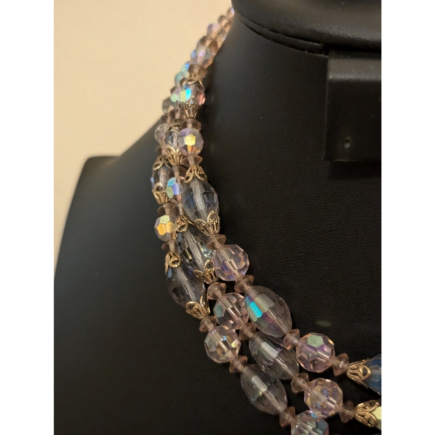 Vintage Three Strand Purple Aurora Borealis Crystal Necklace & Bracelet Set