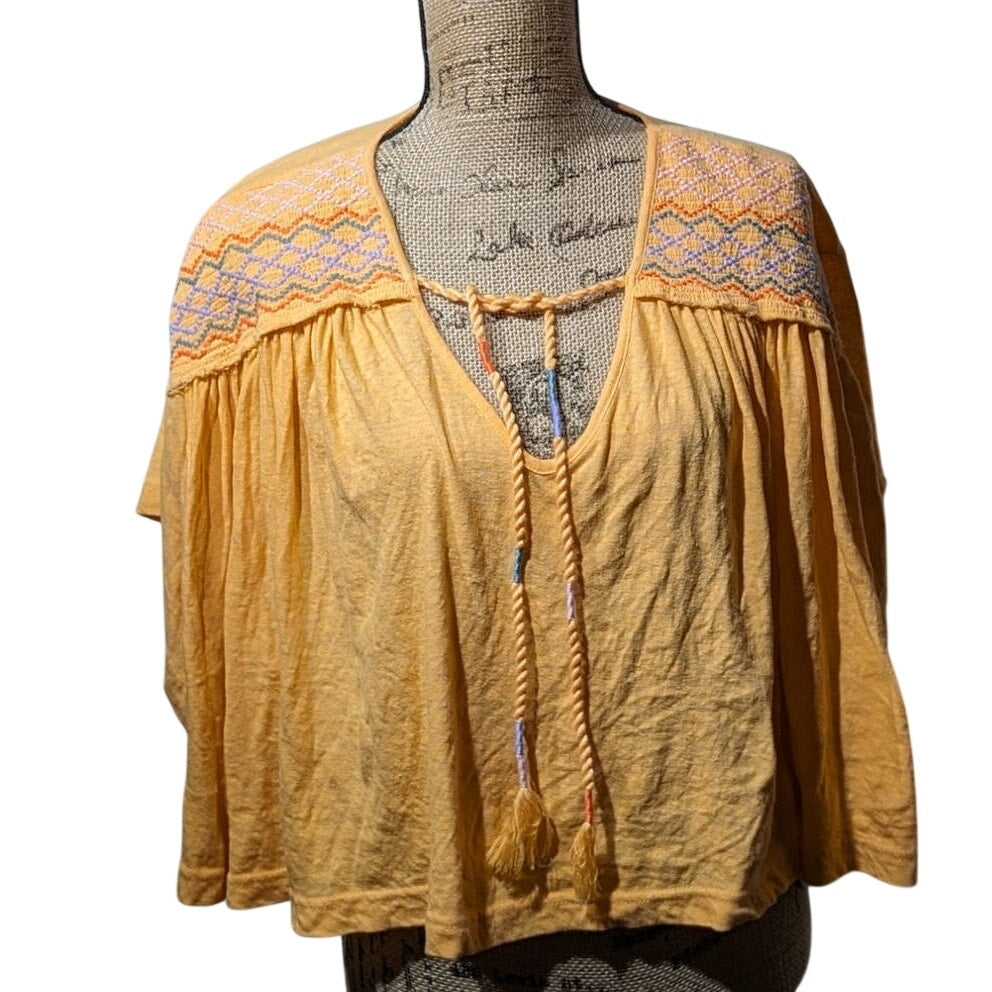 Free People Carrot Ginger Embroidered Dolman Boho Tie Market Tee Womens Sz M