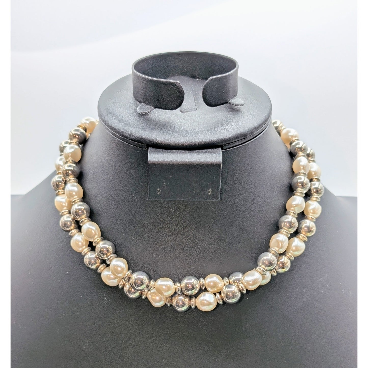 Vtg Anne Klein Silver Bead Pearl Double Strand Toggle Clasp 16"-16.75" Necklace