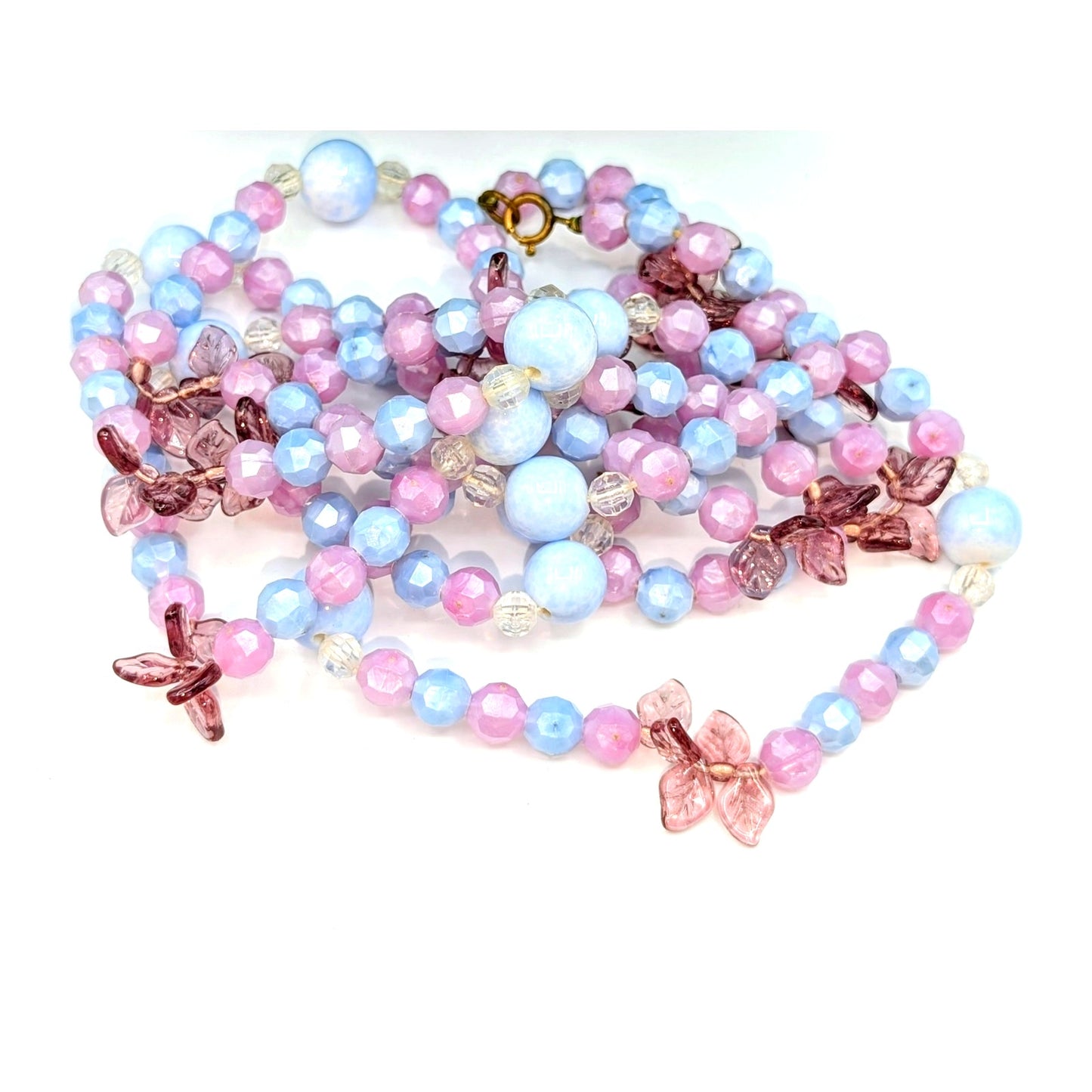 Vintage 60" Lavender Blue Acrylic & Glass & Leafy Beaded Necklace