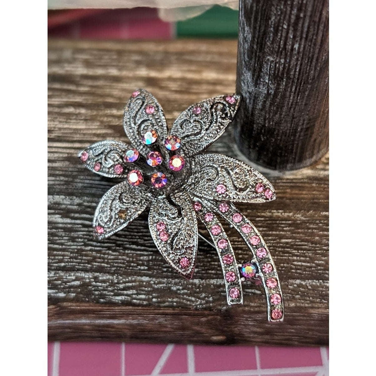 Pink AB Crystal Silver Tone Filigree Floral Brooch