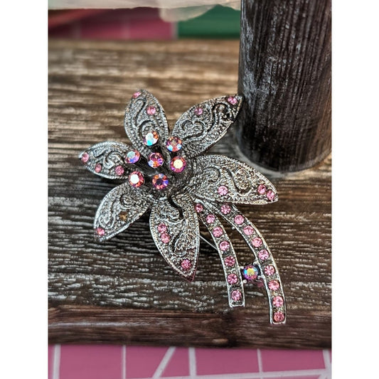 Pink AB Crystal Silver Tone Filigree Floral Brooch