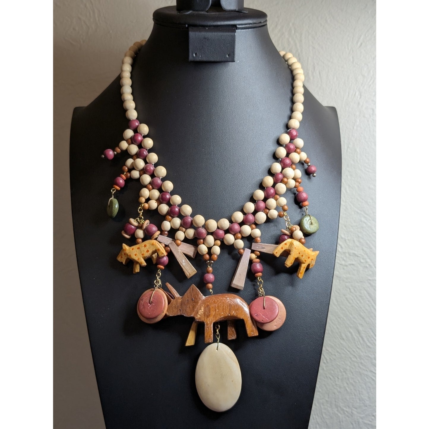 Vintage 1980s Wooden Carved Animal Tribal Necklace & Earring Set