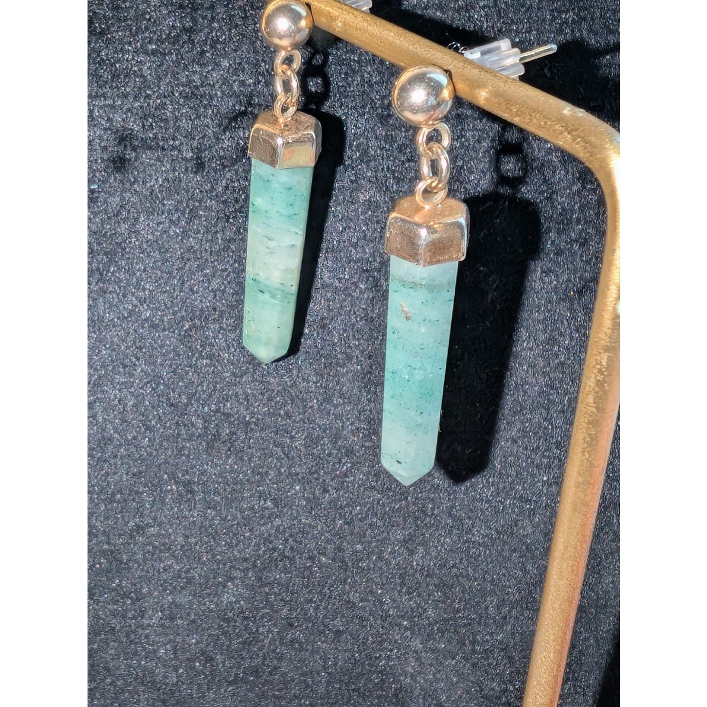 Vintage Green Adventurine Prism Gold Tone Dangle Post Earrings