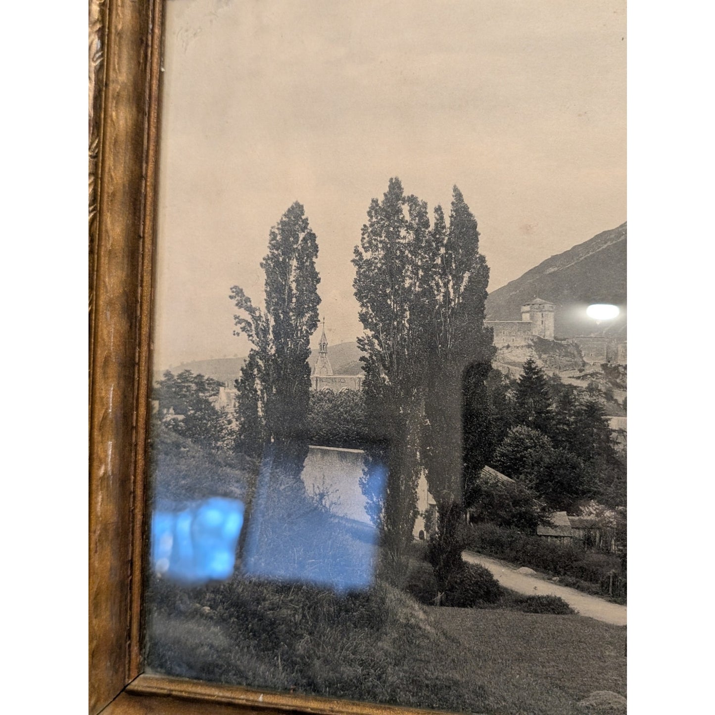 Antique/Vintage East to West Black & White Framed Picture of Lourdes Under Glass