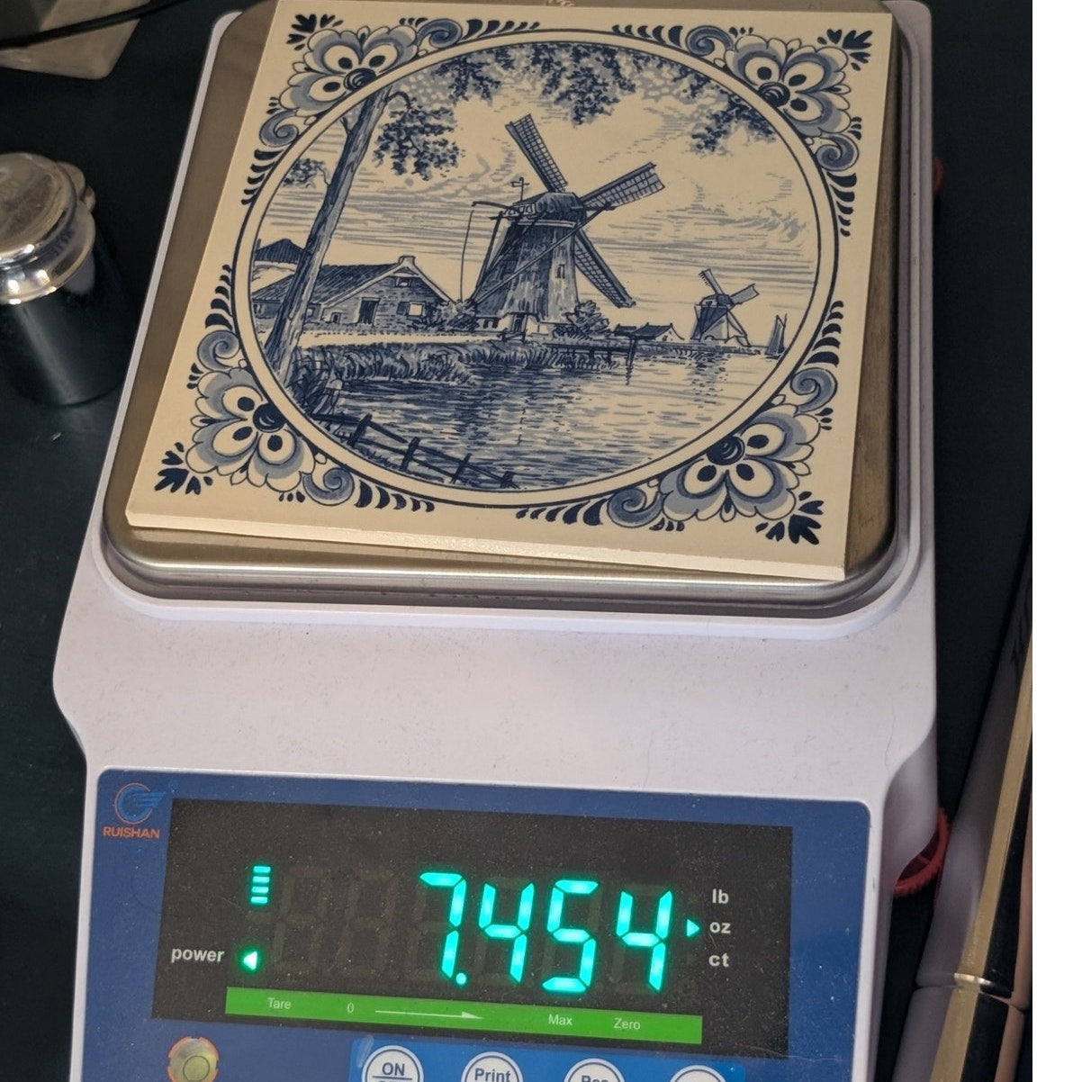 Vintage Signed Delft Hand Painted Windmill Scene Porcelain Tile W/ Cotton Hook